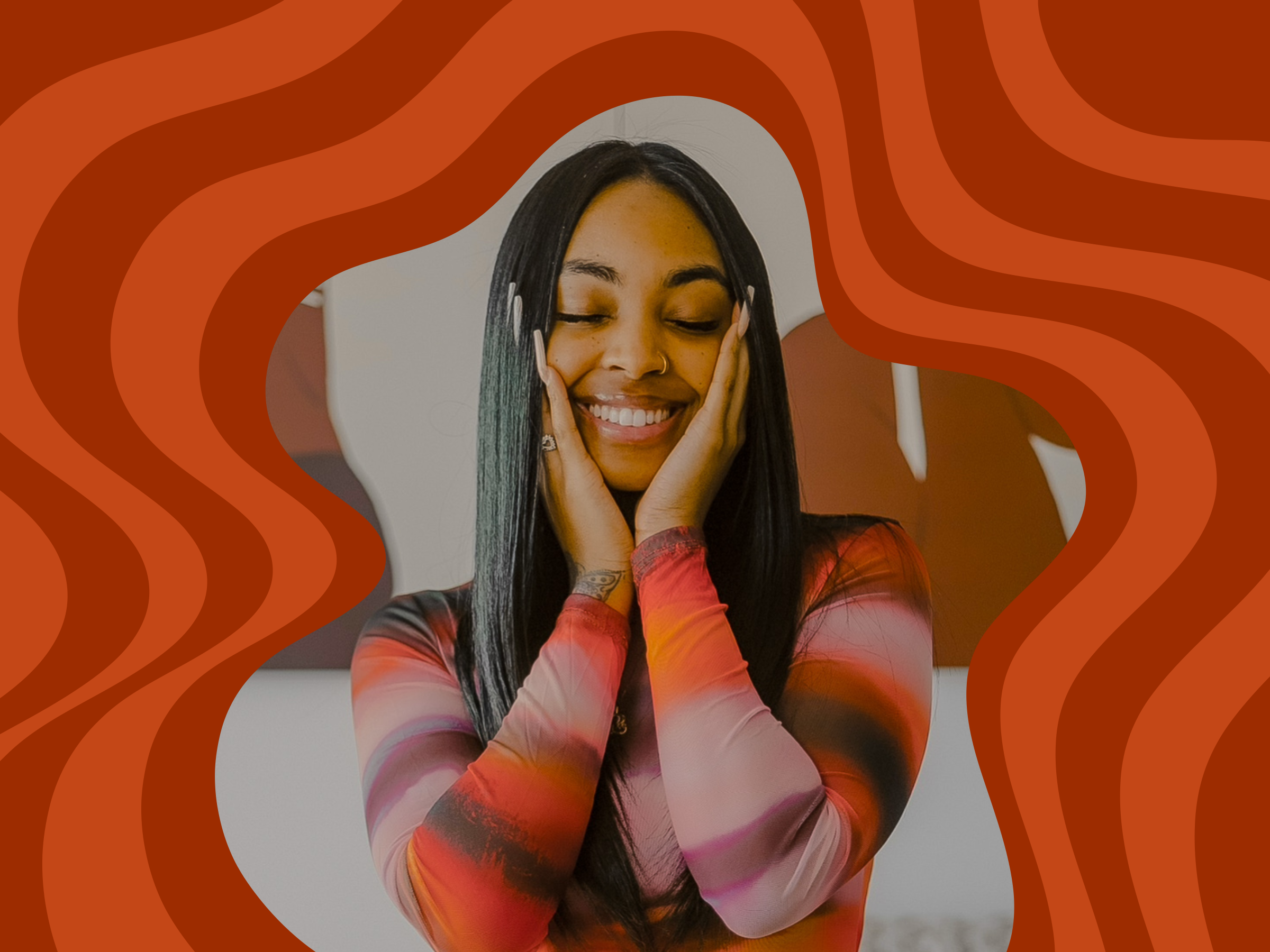 Destiny Darcel smiling, surrounded by illustrated rust and coral waves