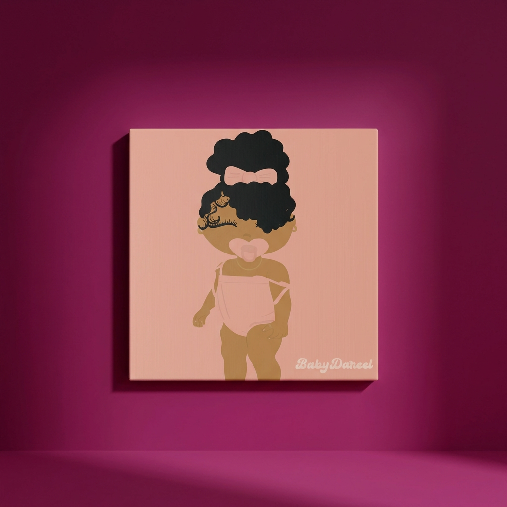 Baby Darcel canvas featuring a little girl with an afro puff and pink bow on a rich berry background